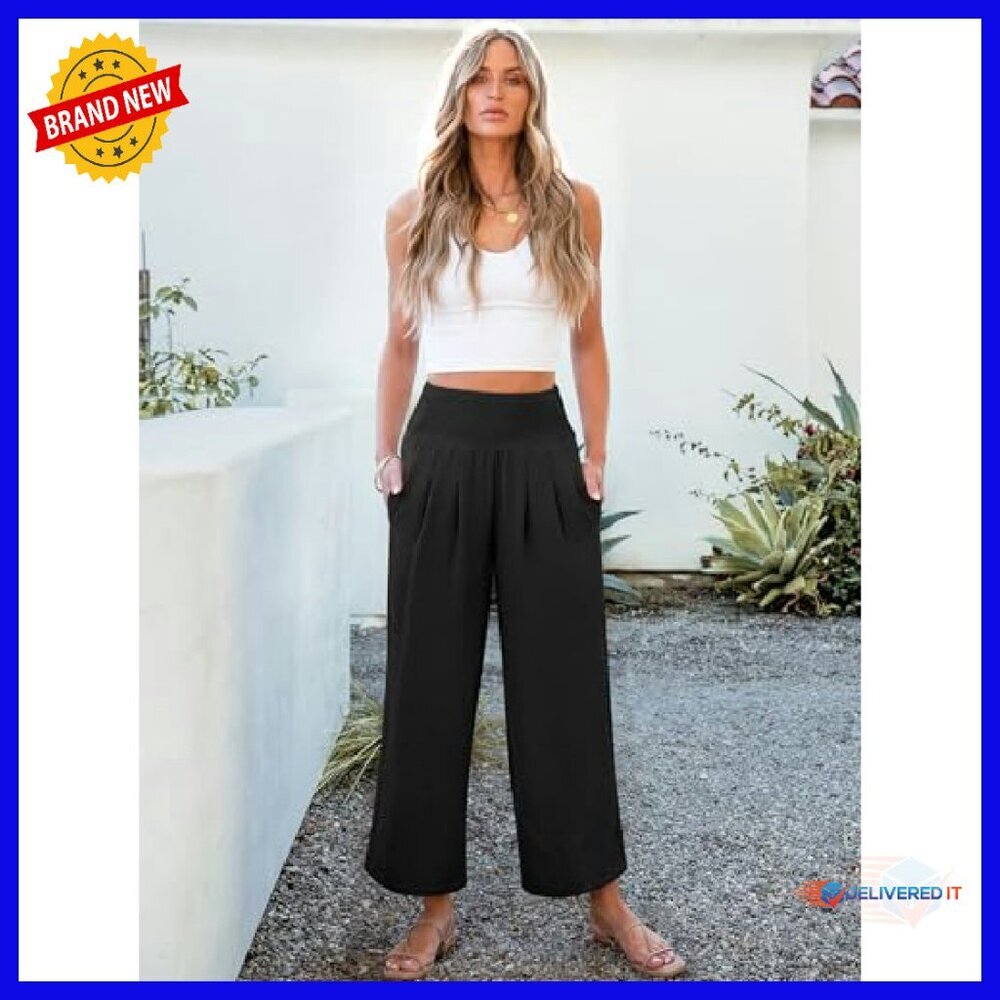 Wide Leg Palazzo Pants High Waisted Flowy Casual Trousers with Pockets - Picture 6 of 8